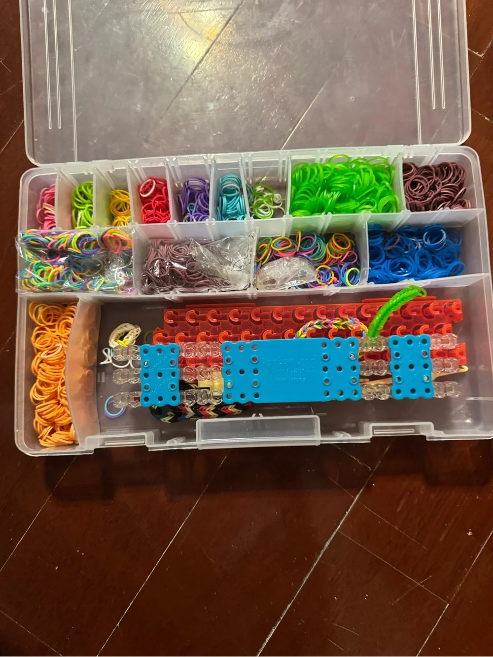 Clear Plastic Compartment Organizer Box with Multicolor Rubber Bands